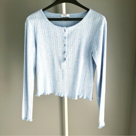 SUZY Pastel Blue Casual Relaxed Fit Button Down Long Sleeves Knits T Shirt Tee - Picture 12 of 13